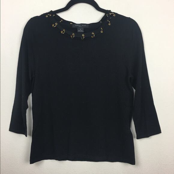 August Silk Knits Stretch Blouse Size Medium Black Ribbed Gold Grommet NWT $48 - Picture 2 of 11